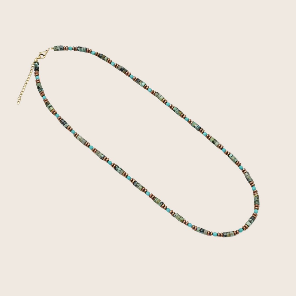 Multicolored beaded necklace on a white background